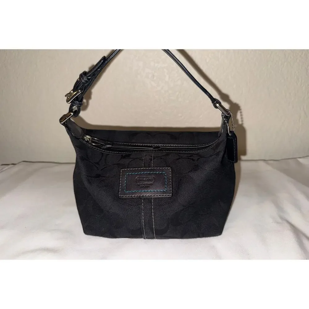 COACH Vintage Black Signature Carly Mini Hobo Baguette Blue Stitch Accent